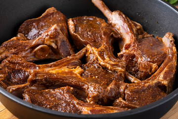 Marinated lamb meat. Macro view