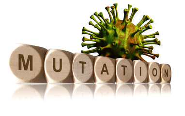 Cube with label mutation and virus on white background