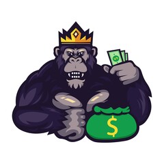 Gorilla cartoon mascot logo design vector with transparent background. The king of gorillas holding money