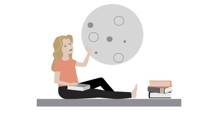 Cartoon woman with books and moon icon illustration.