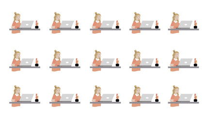 Seamless pattern of cartoon female with laptop on white background illustration.