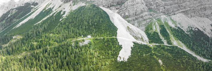 Panoramic aerial view of Riffelriss cogwhell glacier train station on Zugspitze in Germany
