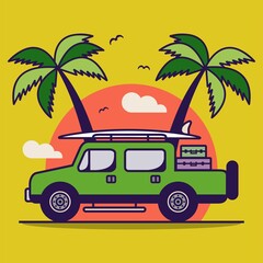 Vector Holiday Adventure Car Flat Design Illustration Minimalist Landscape Icon. Holiday Car Summer Illustration