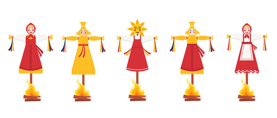 Vector Set of effigy of Maslenitsa in ethnic dress with a head from straw isolated on white. Collection of Marena doll for traditional Russian winter festival. Pancake week Slavic holiday Shrovetide.