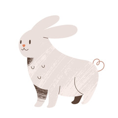 Cute white rabbit doodle illustration, farm animal with face expression, colored mascot, vector clipart isolated