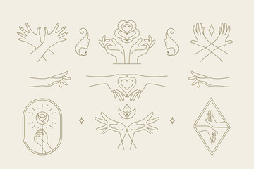 Naklejka premium Female hands gestures collection of line art hand drawn style vector illustrations.