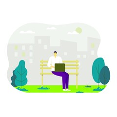 People walking in the park, man sitting on the bench with laptop, Young freelancer working. Leisure and outdoor activity. Vector flat concept illustration