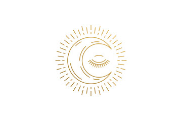 Shining moon crescent with closed eye silhouette linear vector illustration.