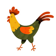 Doodle rooster colored mascot, farm animal illustration,