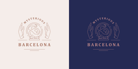 Hands of fortune teller and crystal ball logo template silhouette linear vector illustration