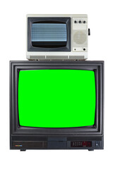 Two old vintage TVs with a green screen for adding video, isolated on a white background.