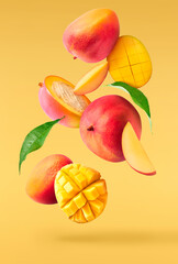 Fresh ripe mango falling in the air