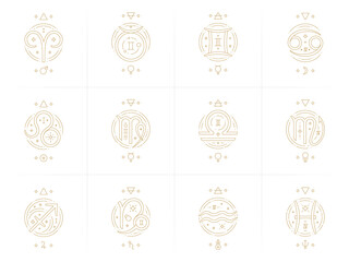 Zodiac astrology horoscope glyphs linear design vector illustrations set - obrazy, fototapety, plakaty