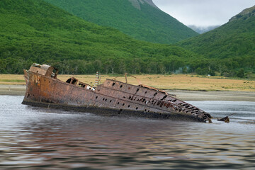 Ship wrecked on the shores of Tierra del Fuego