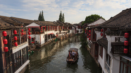 Canal and boat in Zhujiajiao water town in Shanghai