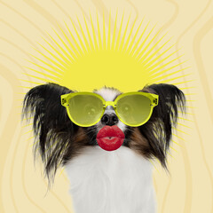 Much love. Pretty puppy sending kiss with female lips. Copyspace. Modern design. Contemporary art. Creative conceptual and colorful collage surrealism style. Yellow background with sunset