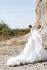 Portrait of a bride and luxury dress near the rocks on a wedding day