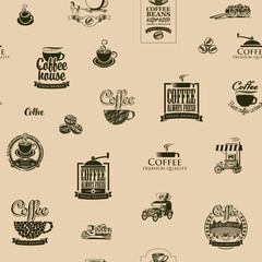 Vector seamless pattern on the coffee theme with coffee beans, inscriptions and illustrations on a beige background in retro style. Suitable for wallpaper, wrapping paper, textiles or fabric
