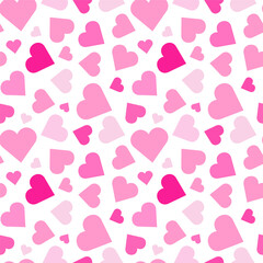 Seamless repeating pattern with hearts. Background with pink hearts different sizes on white background