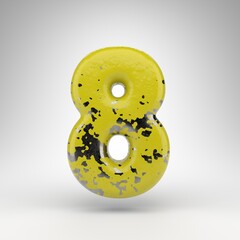 Number 8 on white background. 3D number with old yellow paint on gloss metal texture.