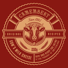 a round cheese label in vintage style, this design is editable and can be used as well as a label for a milk package or as a logo for a butcher shop