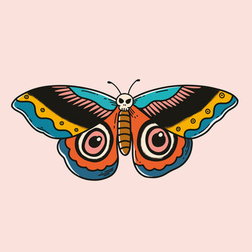 Beautiful retro butterfly tattoo illustration with pastel background