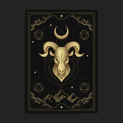 Goats head with horns in tarot cards, decorated with golden clouds, moon, outer space and many stars