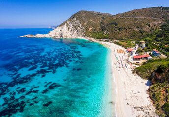 Aerial view to the popular beach of Petani on the island of Kefalonia, Greece, with turquoise sea and fine pebbles