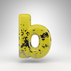 Letter B lowercase on white background. 3D letter with old yellow paint on gloss metal texture.
