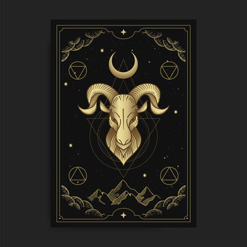 Goats head with horns in tarot cards, decorated with golden clouds, moon, outer space and many stars