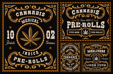 a bundle of vintage labels for cannabis theme, these designs can be used as templates for different marijuana products such as cannabis pre-rolls, CBD oil, and many others