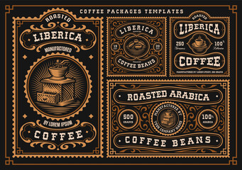 A bundle of vintage coffee labels, these designs can be used as coffee packages in retro style