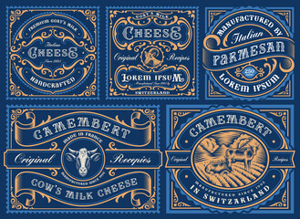 a big bundle of vintage editable cheese labels, all elements are in separate groups and easily editable © Harry Kasyanov