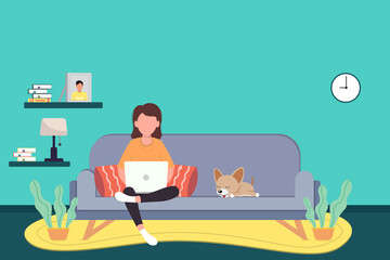 Working at home,concept illustration. Young womаn freelancer working on laptops at home. Vector flat style illustration