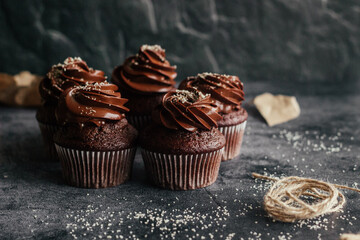Delicious chocolate cupcakes. Cupcakes on a concrete table. Chocolate biscuit and chocolate ganache