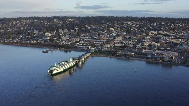 Washington State Ferry At Dock In Edmonds, Washington Drone Aerial View