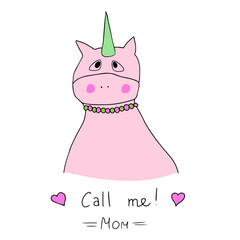 Cute sad unicorn mom misses her baby. Great picture for a cup, t-shirt or postcard.