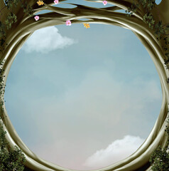 Fantasy spring hole showing an azure sky landscape – 3D illustration - 408258902