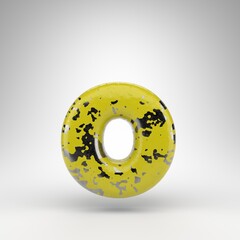 Letter O lowercase on white background. 3D letter with old yellow paint on gloss metal texture.