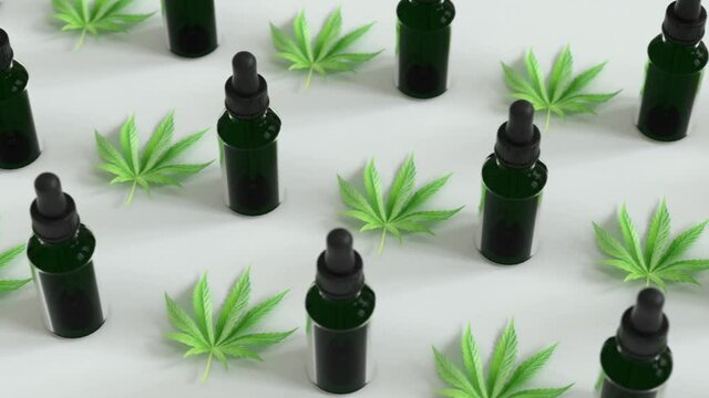 Seamless Loop of A lot of CBD oil bottles with marihuana leafs in between. White brackground