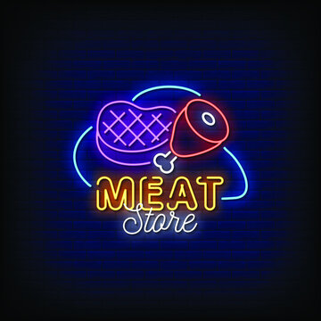 Meat Store Logo Neon Signs Style Text Vector