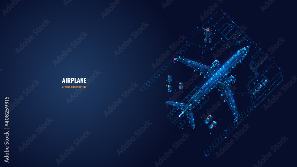 Leinwandbilder abstract 3d airplane and cars in hangar. view from the top. low poly aircraft concept in dark blue. 