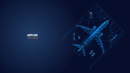 Abstract 3d airplane and cars in hangar. View from the top. Low poly aircraft concept in dark blue. Vector mesh image looks like starry sky. Digital wireframe with dots, lines and glowing particles