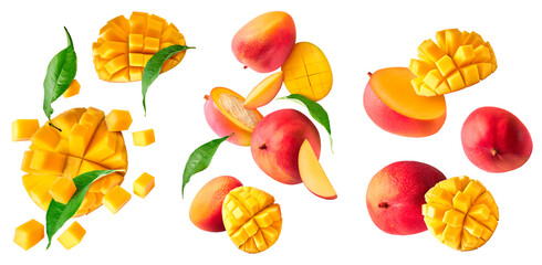 Fresh ripe mango falling in the air - obrazy, fototapety, plakaty
