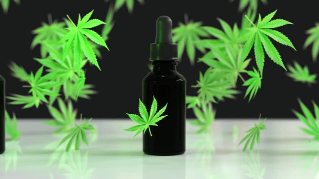 Seamless Loop of A lot of CBD oil bottles with marihuana leafs in between. White brackground