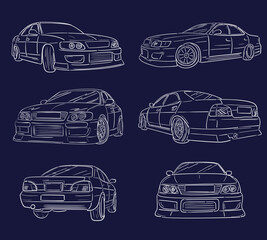 Vector car outline illustration. Set of magin sketch linear silhouette
