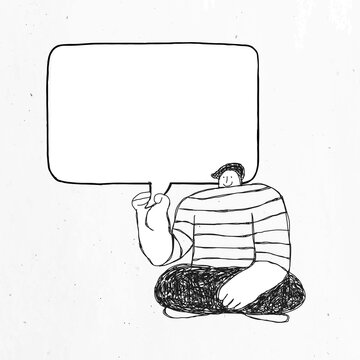 Black and white image of man with speech bubble
