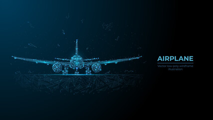  Abstract 3d airplane in dark blue. Travel, tourism, business, airline transportation concept. Digital vector mesh with dots, lines and flying particles look like debris. Low poly airliner wireframe © AntonKhrupinArt