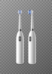 Electric toothbrush. Realistic dentistry accessory front and side view isolated on transparent background, white electrical toothbrushes daily morning mouth hygiene vector illustration