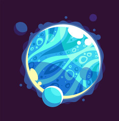 Fantasy cartoon blue planet. Cosmic element for galaxy game design, colorful mystery luminous space object with satellites, alien futuristic world, astronomy isolated illustration